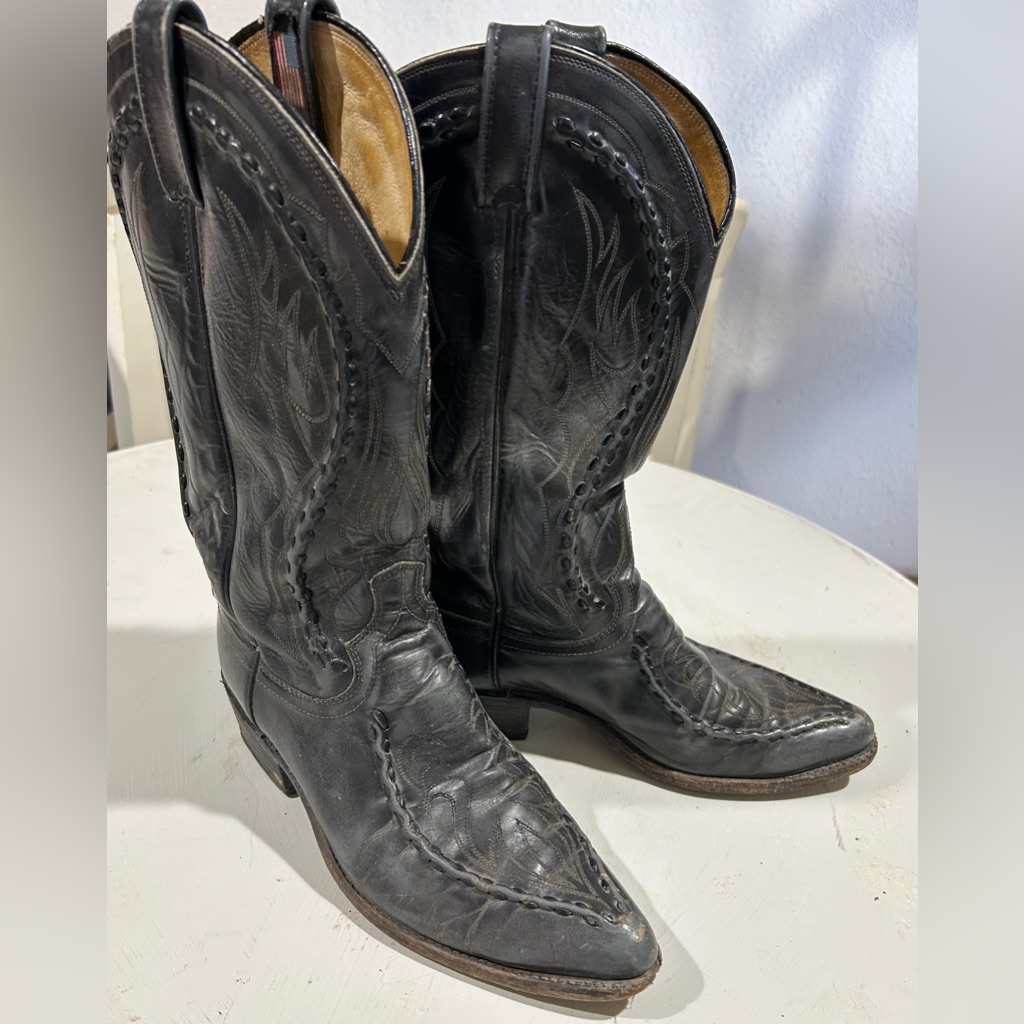 Vintage Dan Post All Leather Usa Made Braided Grey Men’s Cowboy Boots Sz 10